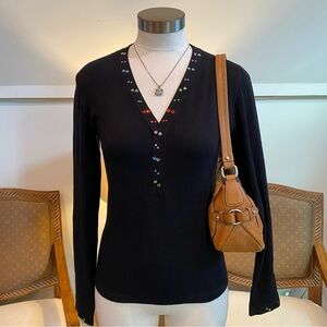 Vintage 90s Y2K Black Knit V-Neck Long Sleeve Top w Colorful Rhinestone Details